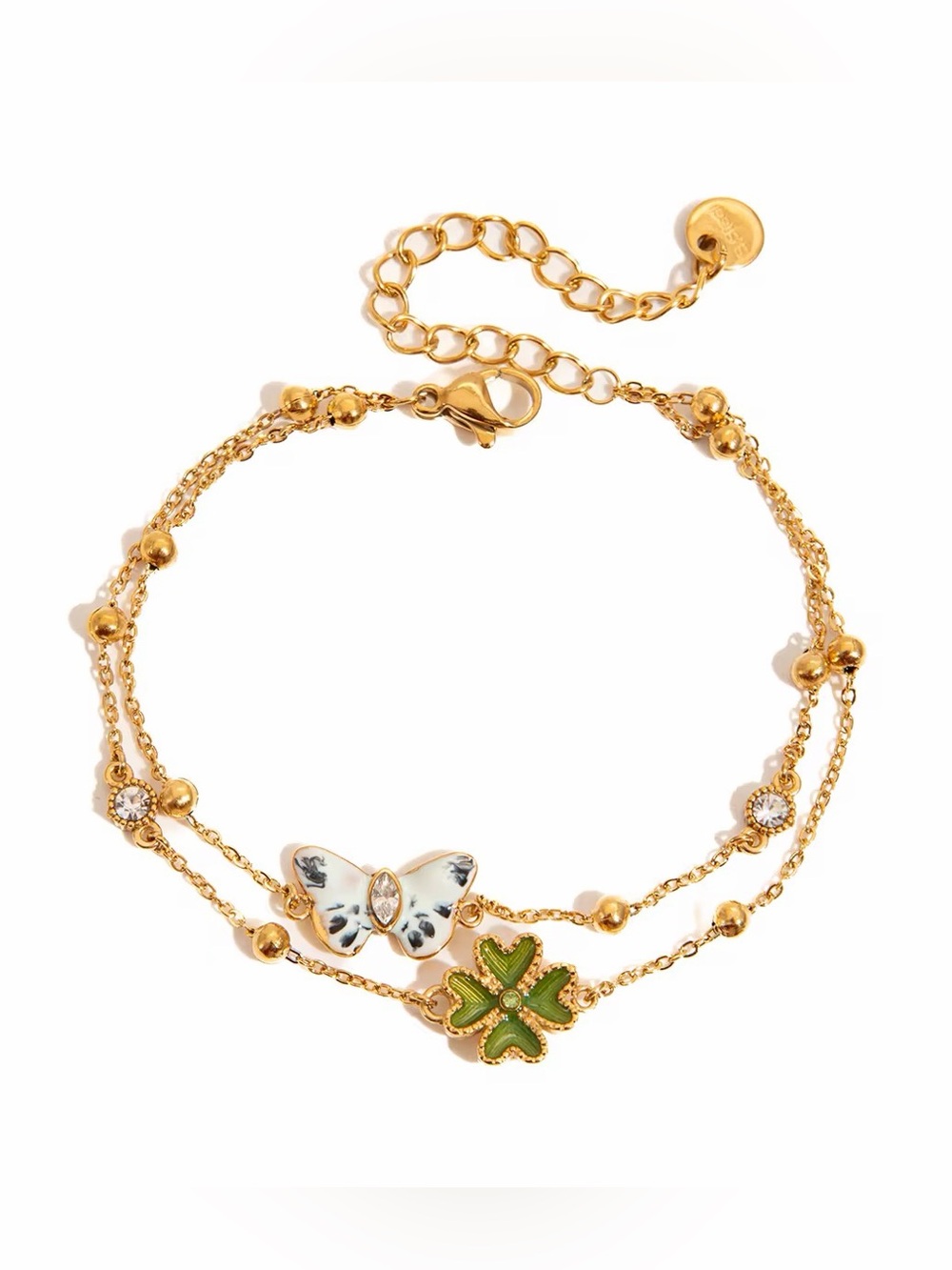 18K Gold Plated Double Layer Green Clover & White Butterfly Charm Bracelet